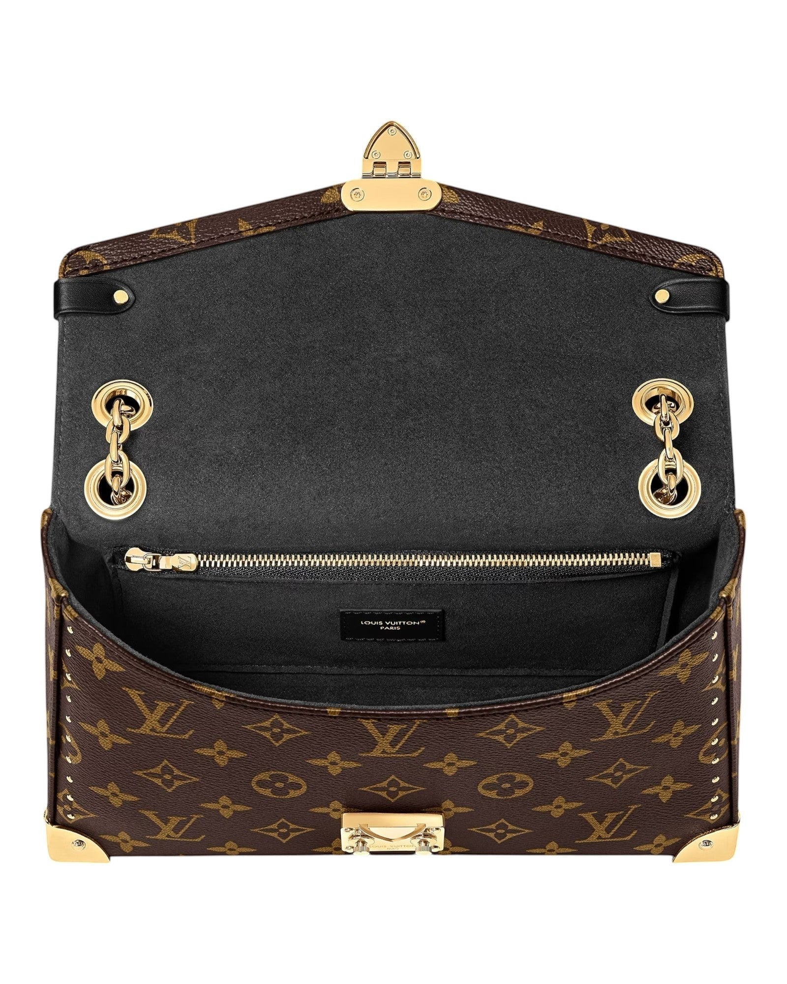 Louis Vuitton Trunkie monogram canvas shoulder bag interior view with gold hardware and chain strap.