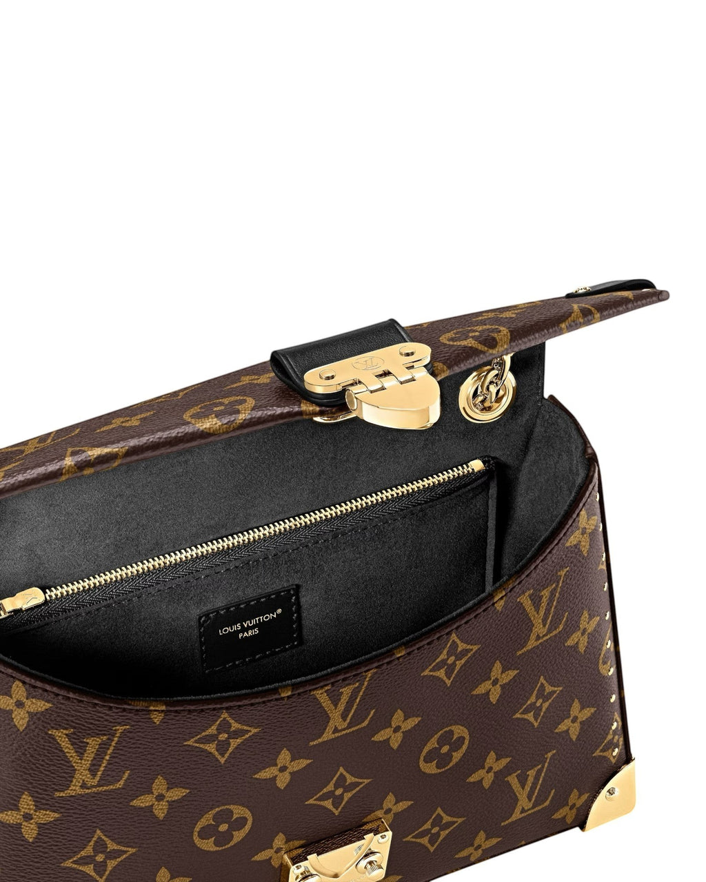 Louis Vuitton Trunkie monogram canvas shoulder bag interior pocket detail view.