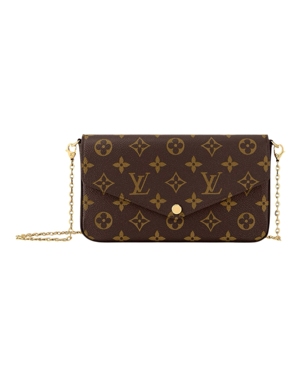 MOAH shoes Louis Vuitton envelope chain wallet in iconic monogram canvas with gold hardware and detachable chain strap.