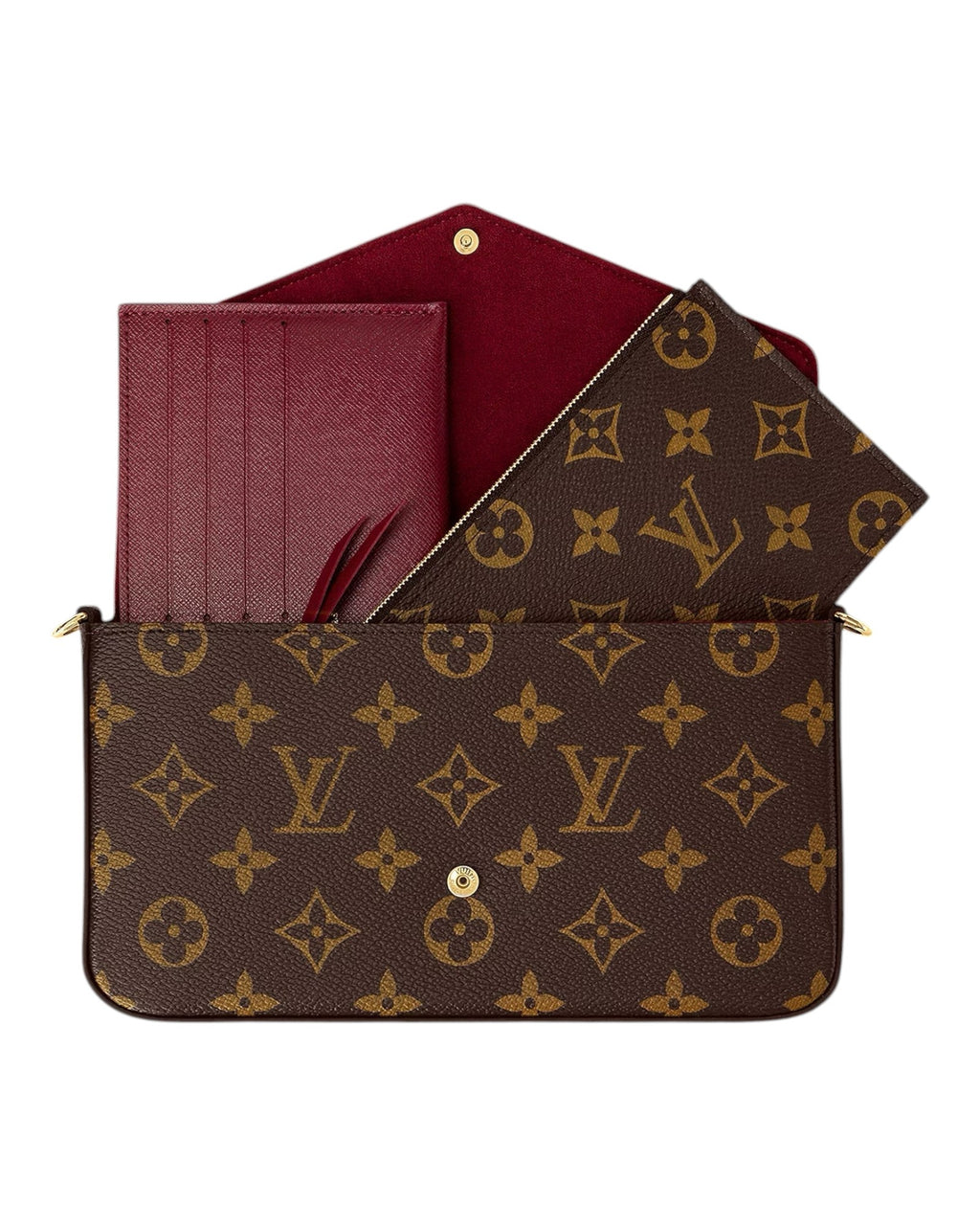 MOAH shoes Louis Vuitton monogram canvas envelope chain wallet with red interior and removable card holder inserts.