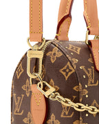 Louis Vuitton Speedy Trunk 20 close-up detail view with monogram canvas, gold chain, and cowhide leather trim.