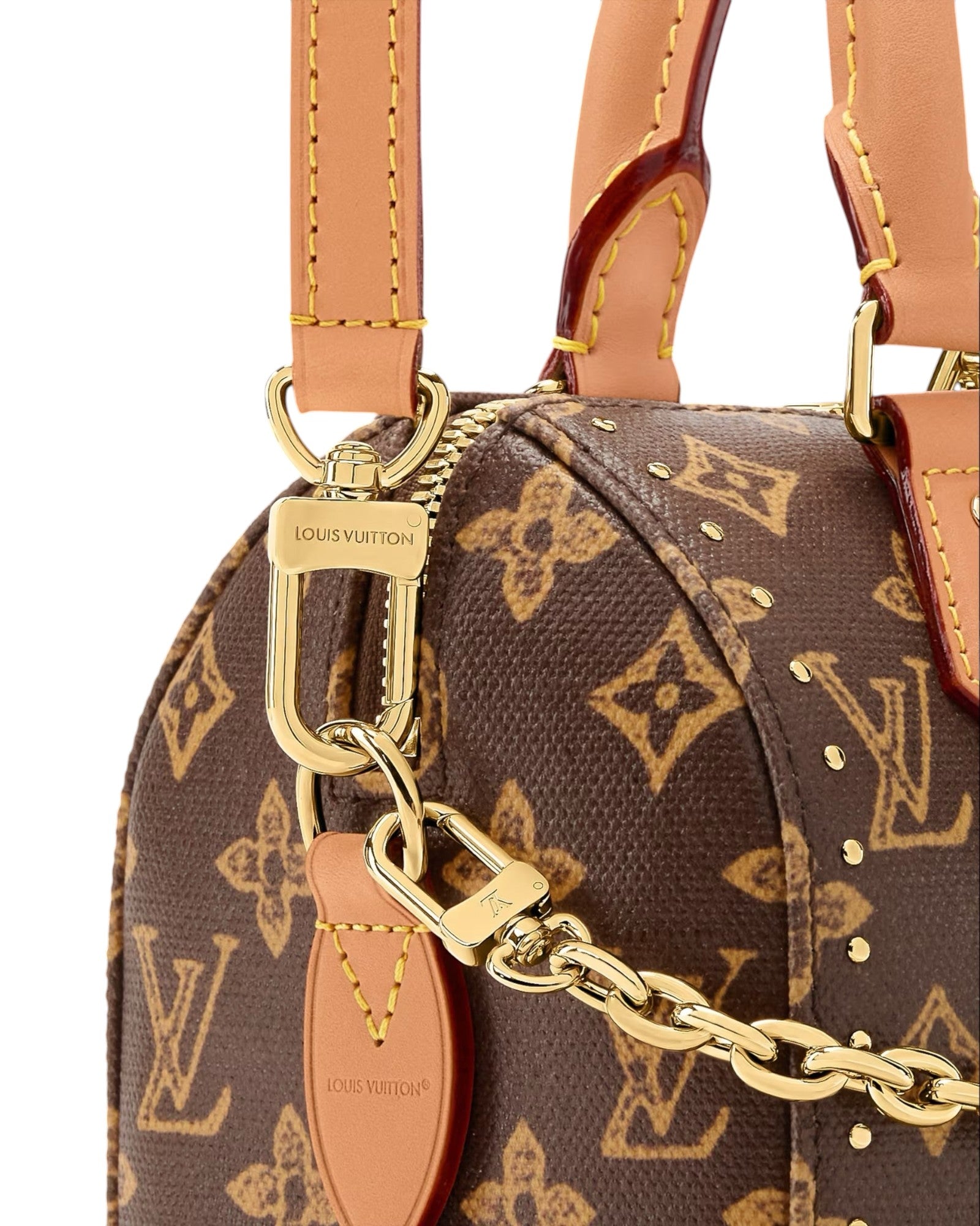 Louis Vuitton Speedy Trunk 20 close-up detail view with monogram canvas, gold chain, and cowhide leather trim.