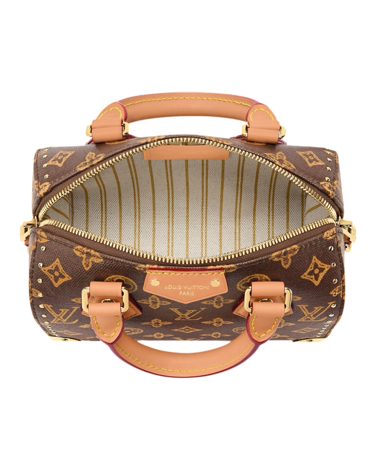 Louis Vuitton Speedy Trunk 20 top view in monogram coated canvas with cowhide leather trim and gold-tone stud details.