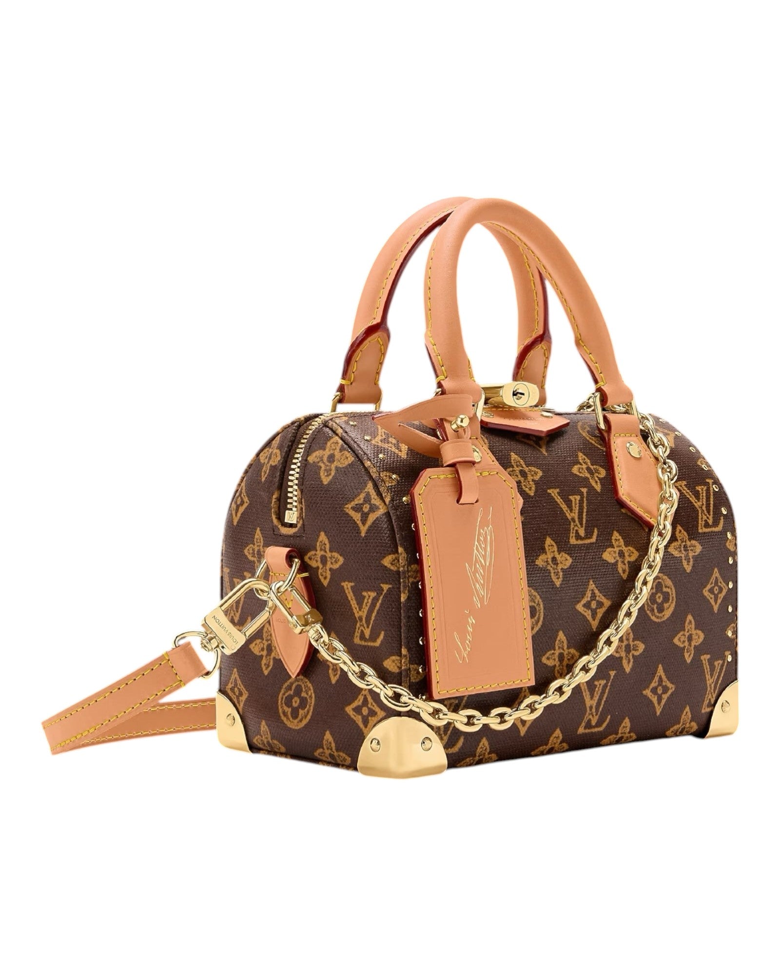 Louis Vuitton Speedy Trunk 20 side view in monogram canvas with decorative chain and gold hardware.