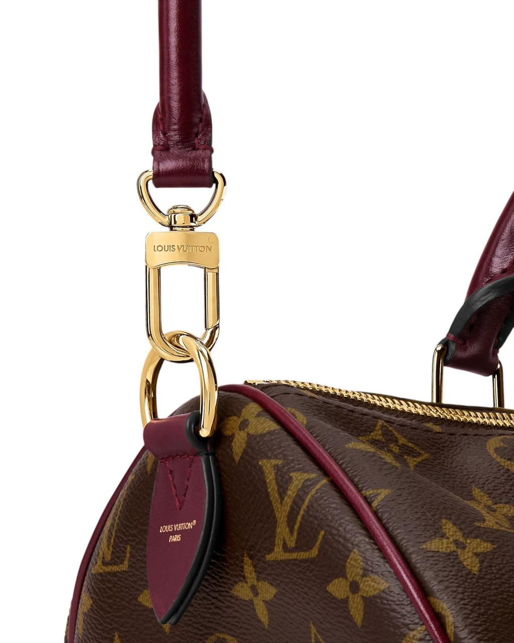 MOAH shoes Louis Vuitton Speedy handbag in monogram canvas with burgundy leather trim and gold-tone hardware detail.