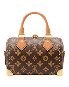 Louis Vuitton Speedy Trunk 20 angled view in monogram canvas with cowhide leather trim, gold studs, and top handles.