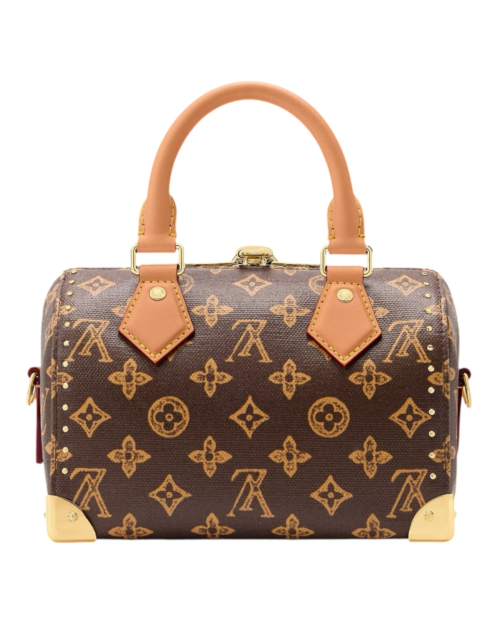 Louis Vuitton Speedy Trunk 20 angled view in monogram canvas with cowhide leather trim, gold studs, and top handles.