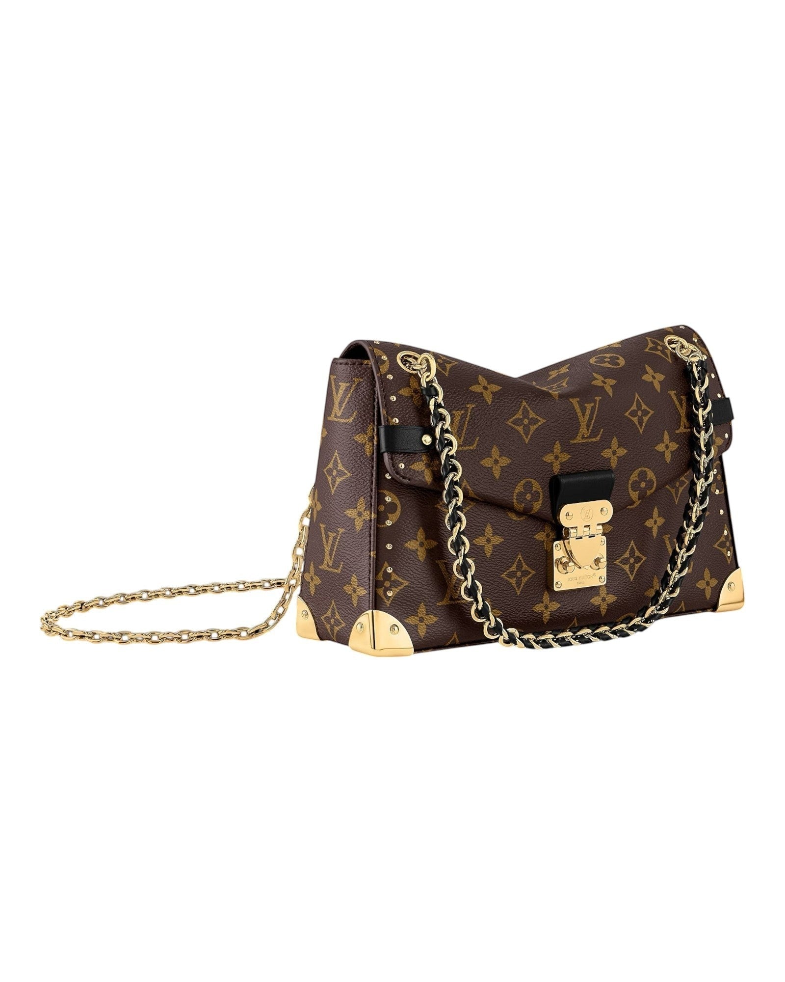 Louis Vuitton Trunkie monogram canvas shoulder bag angled view with gold chain strap and metallic hardware.
