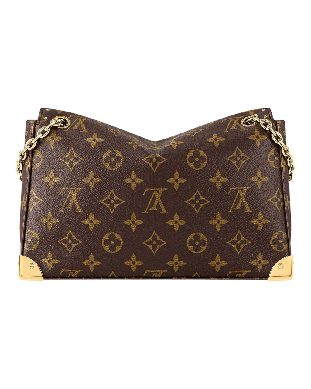 Louis Vuitton Trunkie monogram canvas shoulder bag close-up view with metallic corner accents and chain strap.