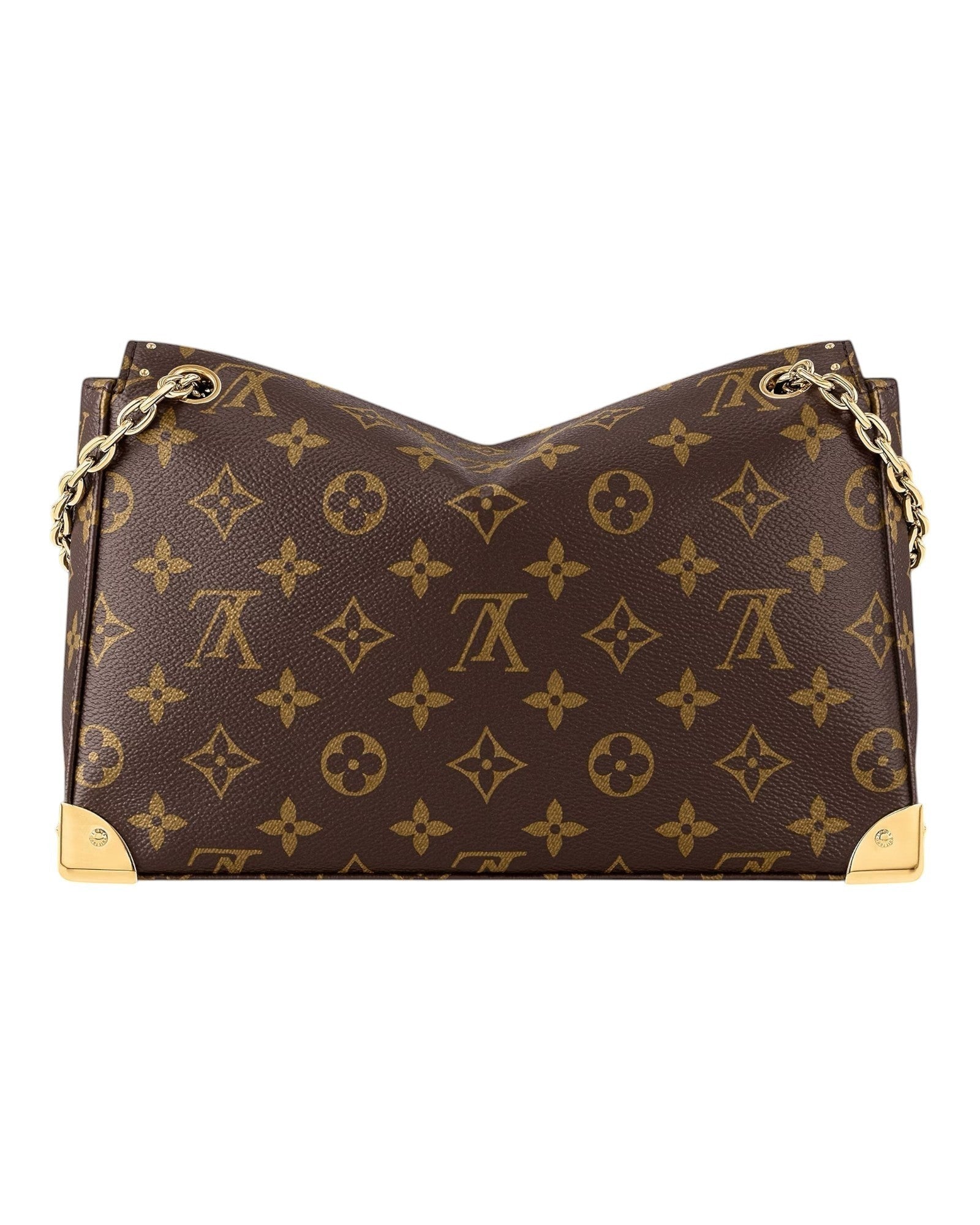 Louis Vuitton Trunkie monogram canvas shoulder bag close-up view with metallic corner accents and chain strap.