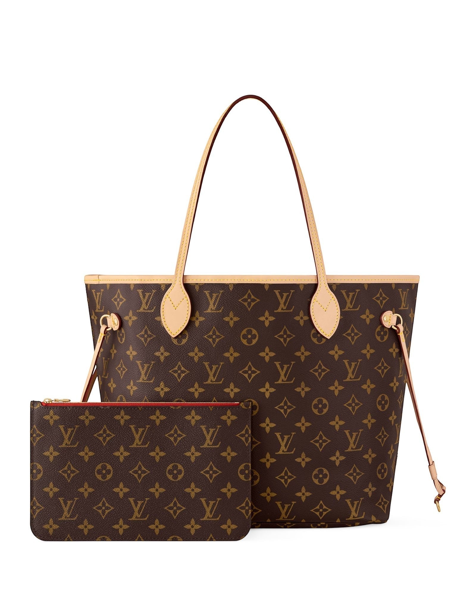 MOAH shoes Louis Vuitton Neverfull monogram canvas tote bag with matching pouch and leather trim
