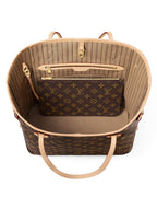 MOAH shoes Louis Vuitton Neverfull monogram canvas tote bag with interior pouch and cowhide leather trim