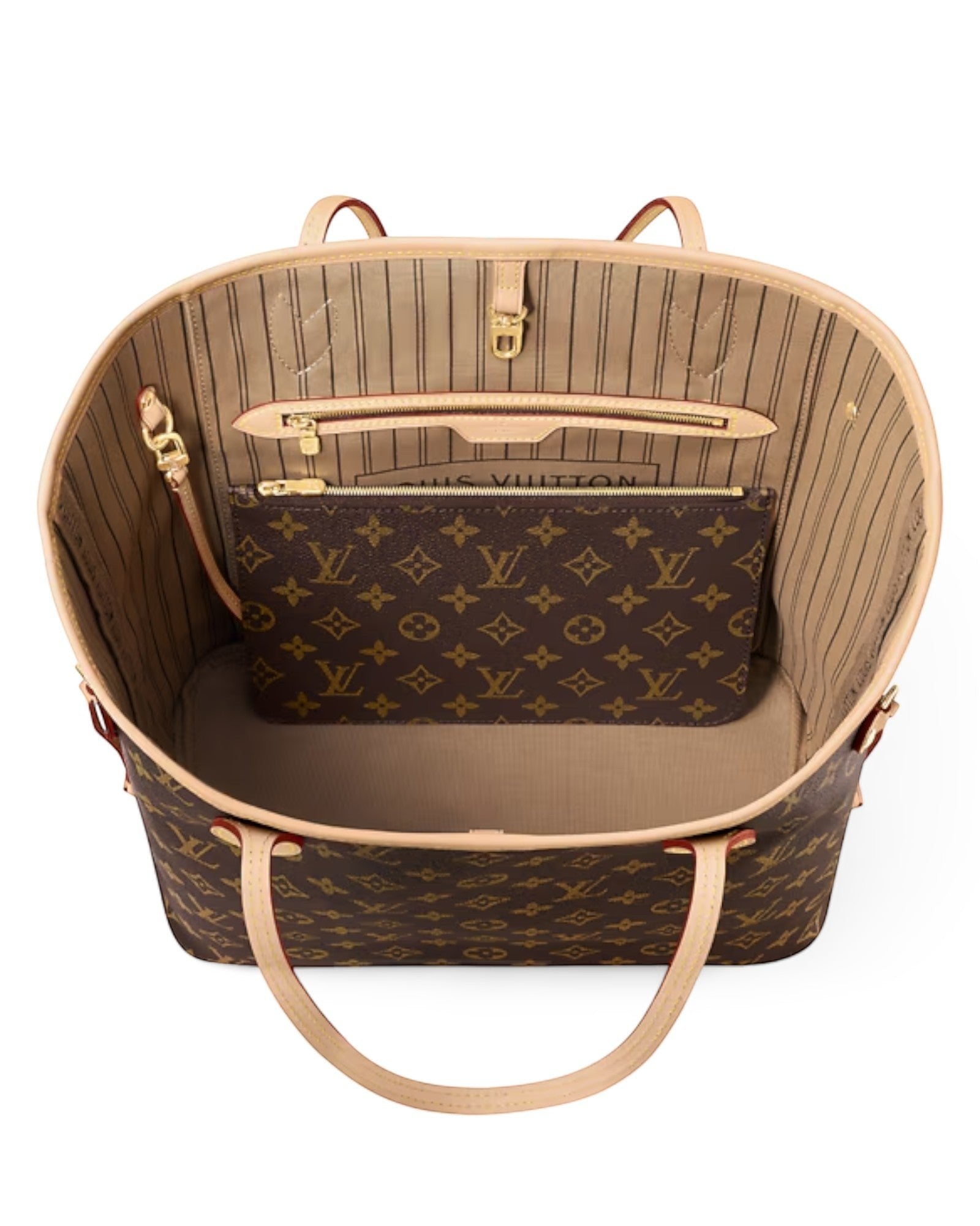 MOAH shoes Louis Vuitton Neverfull monogram canvas tote bag with interior pouch and cowhide leather trim