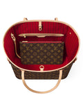 MOAH shoes Louis Vuitton Neverfull tote with brown monogram canvas, red interior, and matching removable pouch.