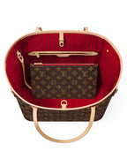 MOAH shoes Louis Vuitton Neverfull tote with brown monogram canvas, red interior, and matching removable pouch.