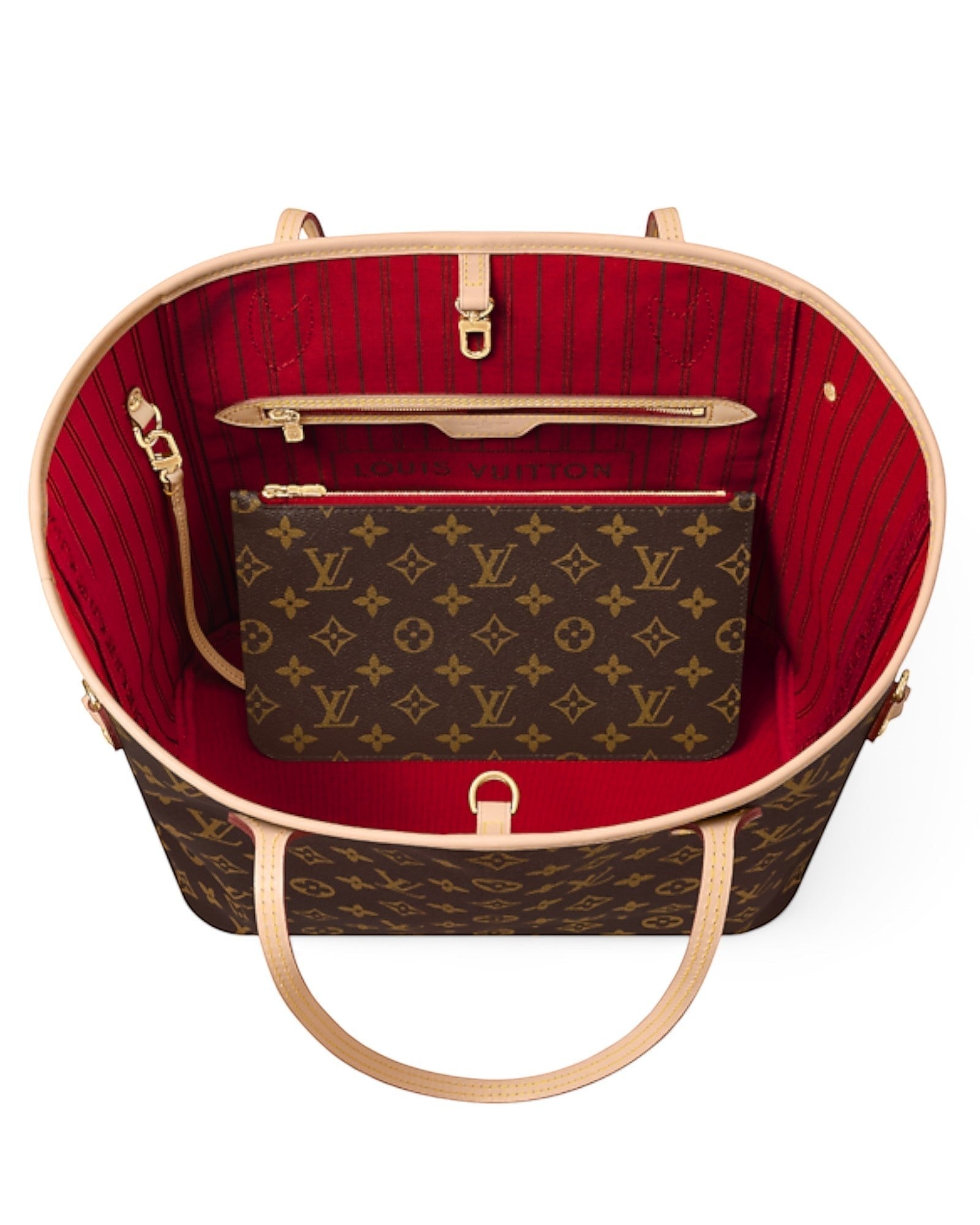 MOAH shoes Louis Vuitton Neverfull tote with brown monogram canvas, red interior, and matching removable pouch.