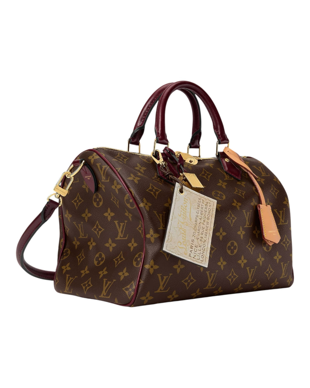MOAH shoes Louis Vuitton Speedy handbag in monogram canvas with burgundy leather trim and gold-tone hardware.