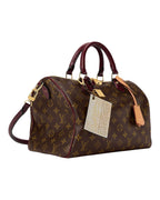 MOAH shoes Louis Vuitton Speedy handbag in monogram canvas with burgundy leather trim and gold-tone hardware.