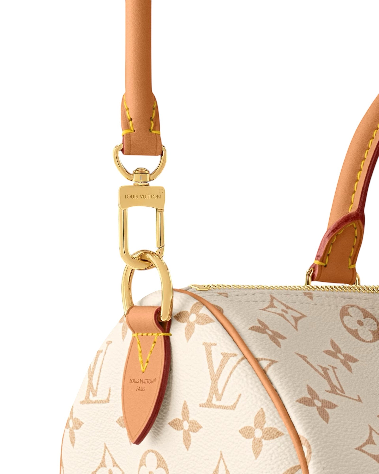 MOAH shoes Louis Vuitton Speedy Bandouliere handbag with monogram canvas, tan leather trim, and gold-tone hardware.
