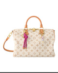 MOAH shoes Louis Vuitton Speedy Bandouliere in monogram canvas with tan leather trim, gold hardware, and bag charms.