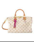 MOAH shoes Louis Vuitton Speedy Bandouliere in monogram canvas with tan leather trim, gold hardware, and bag charms.