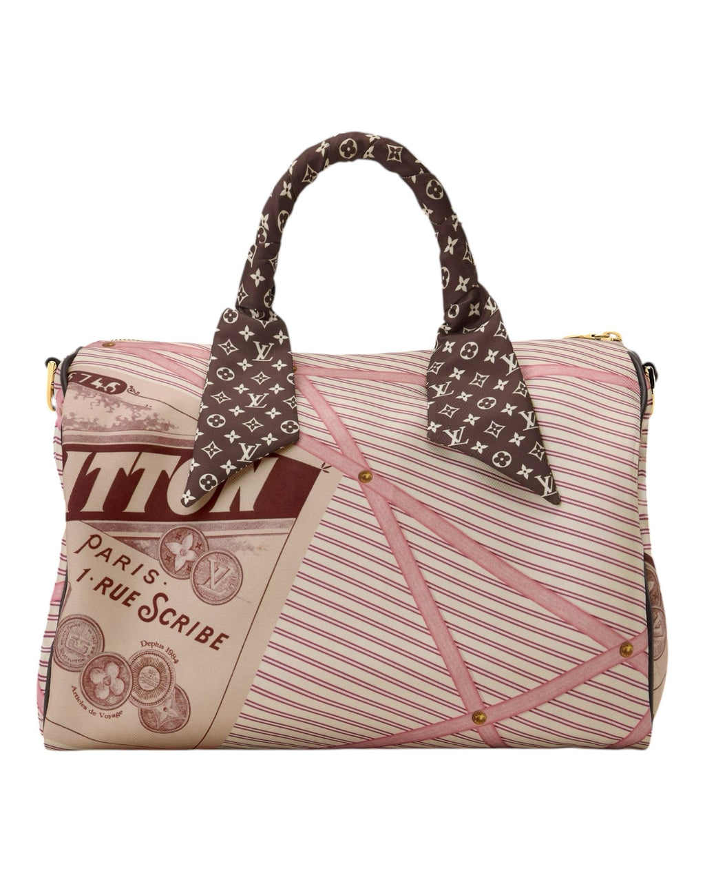 MOAH shoes Louis Vuitton Speedy Bandouliere handbag in pink and brown with vintage graphic print and monogram scarf