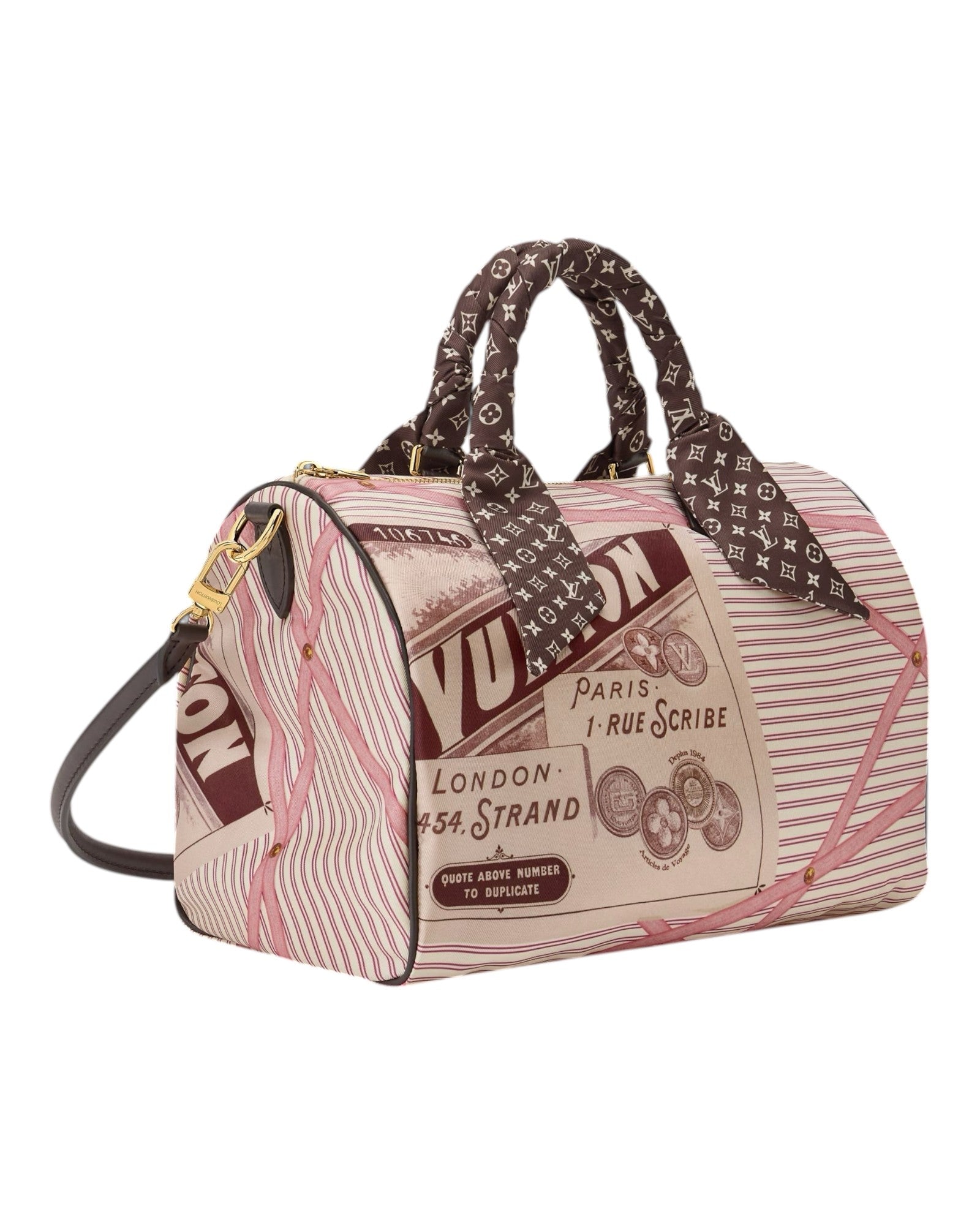 MOAH shoes Louis Vuitton Speedy Bandouliere handbag featuring pink and brown vintage print with monogram scarf handle