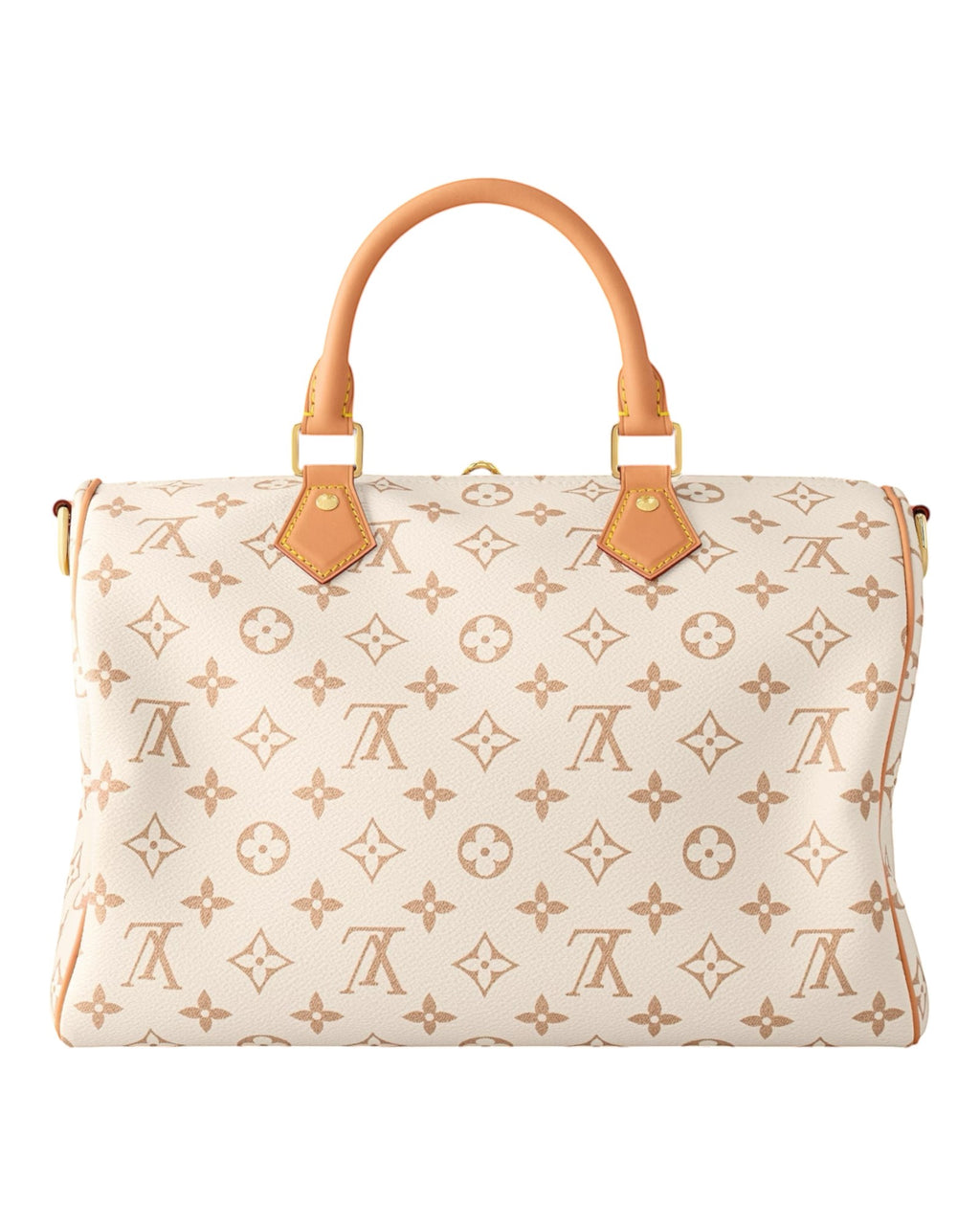 MOAH shoes Louis Vuitton Speedy Bandouliere handbag in monogram coated canvas with tan leather trim and gold hardware.