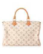 MOAH shoes Louis Vuitton Speedy Bandouliere handbag in monogram coated canvas with tan leather trim and gold hardware.
