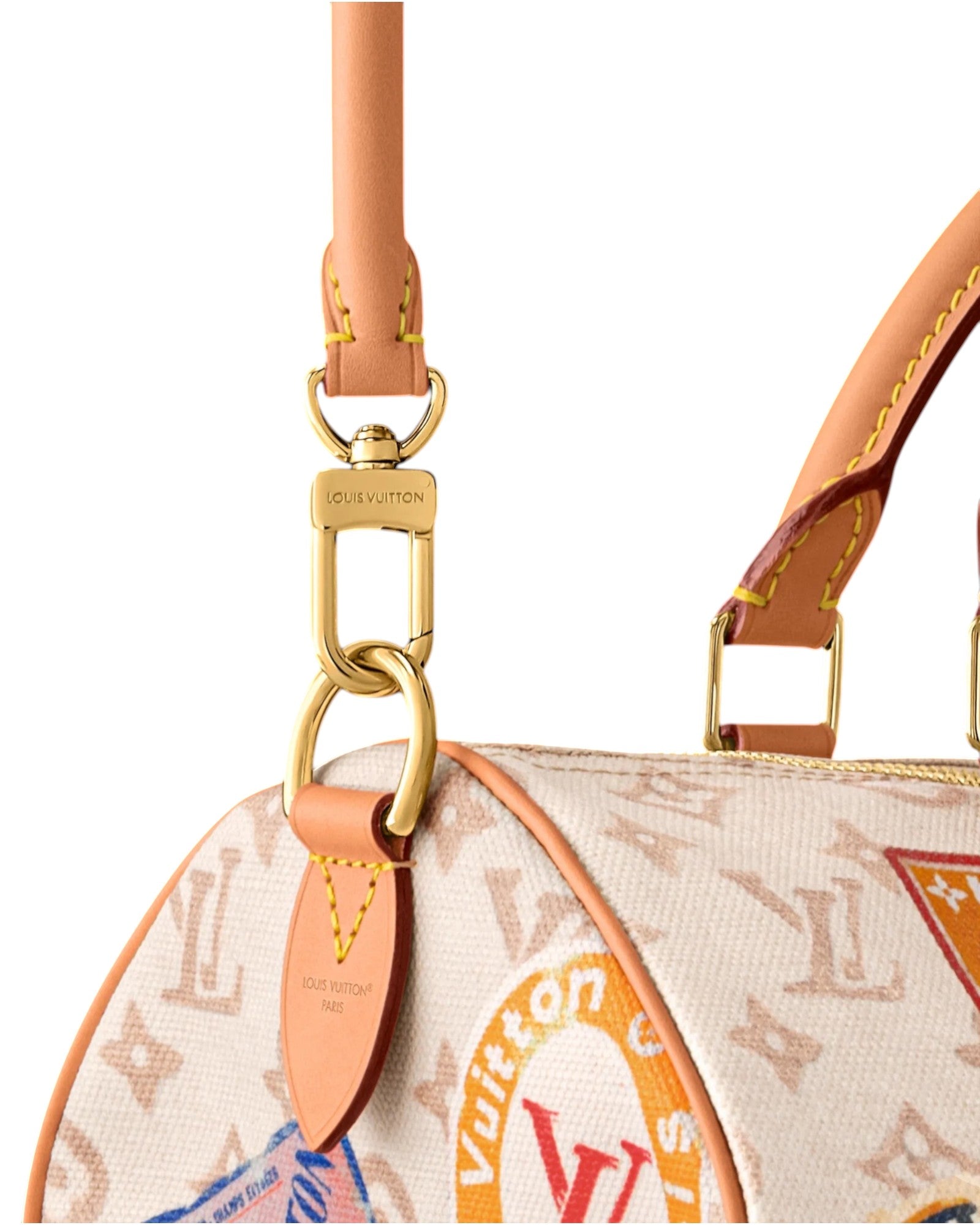 MOAH shoes Louis Vuitton Speedy Bandouliere handbag featuring monogram canvas with colourful patches and gold hardware.