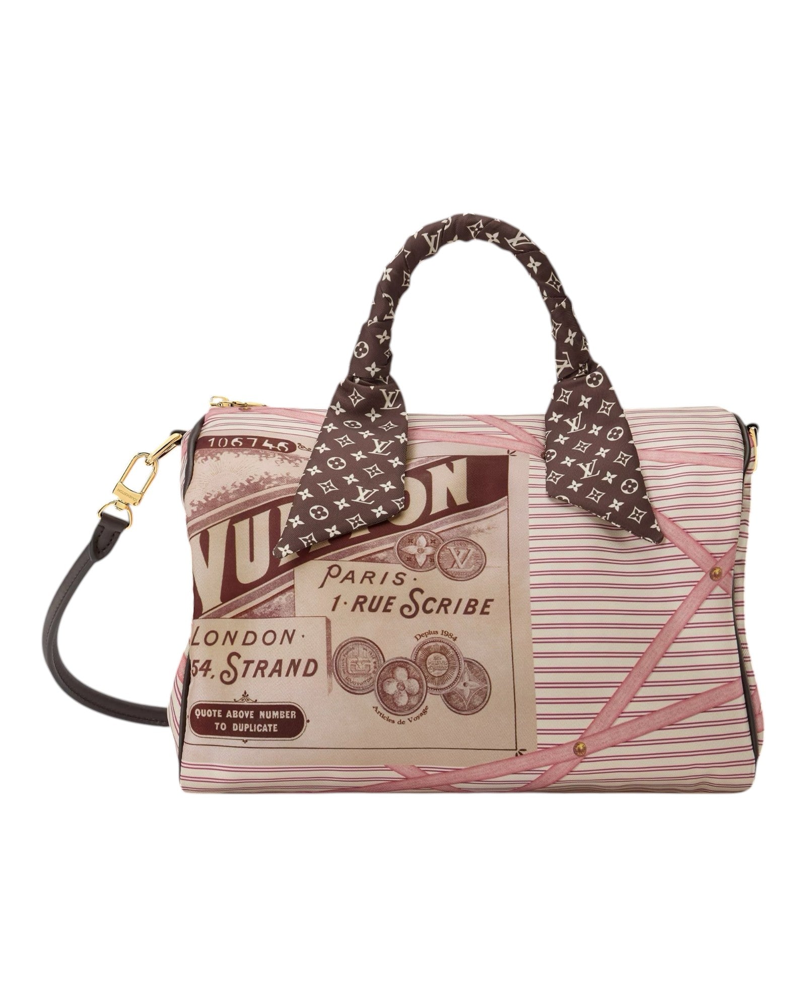 MOAH shoes Louis Vuitton Speedy Bandouliere handbag with vintage pink and brown graphic print and monogram scarf handle