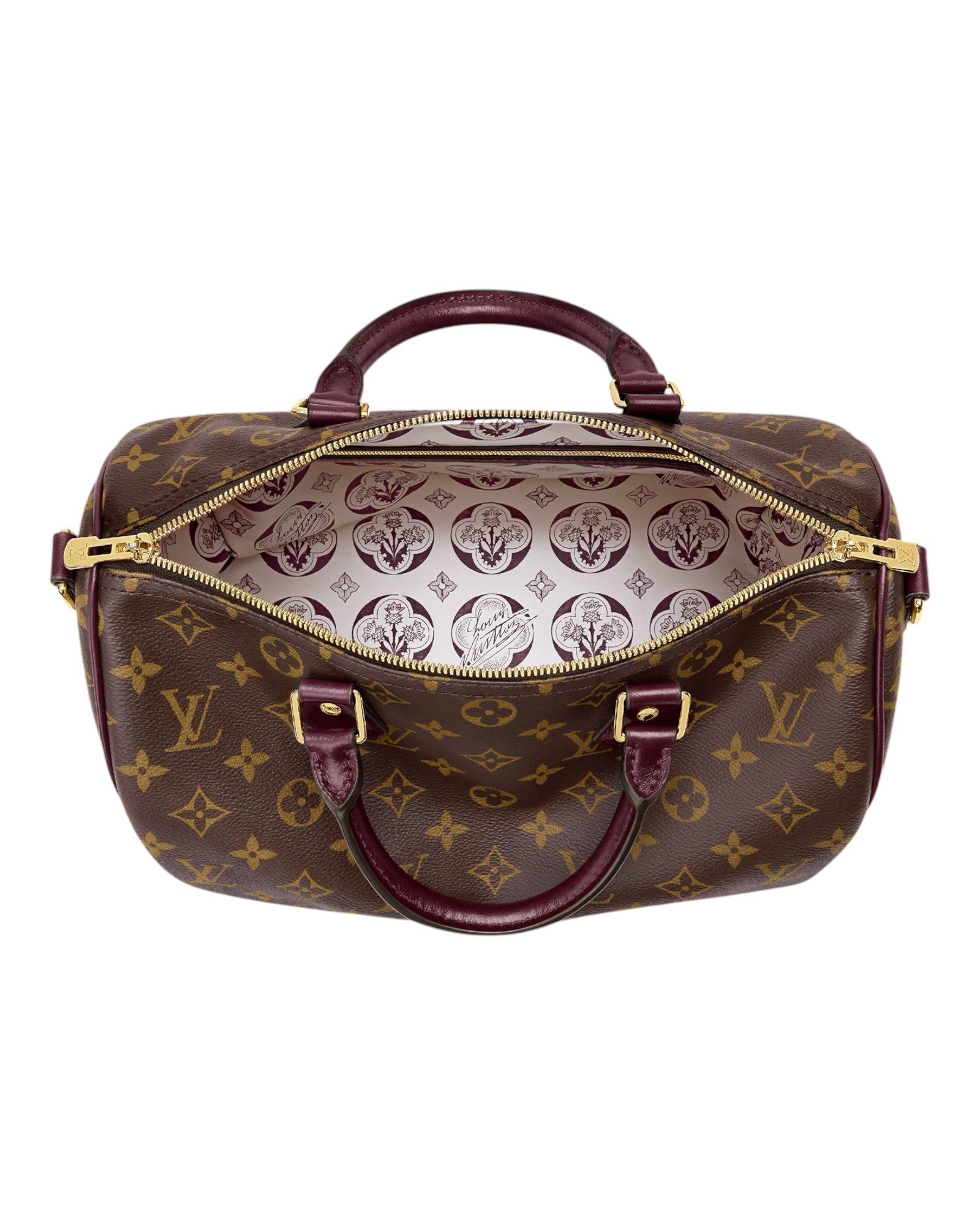 MOAH shoes Louis Vuitton Speedy handbag in monogram canvas with burgundy leather trim and patterned textile interior