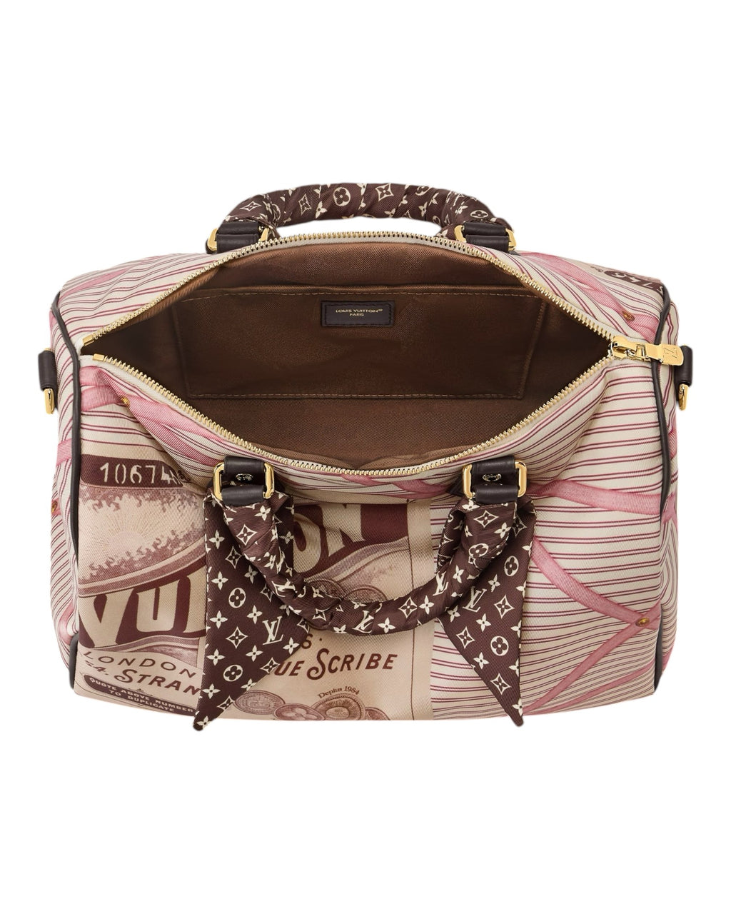 MOAH shoes Louis Vuitton Speedy Bandouliere handbag with pink and brown graphic print and monogram scarf handle