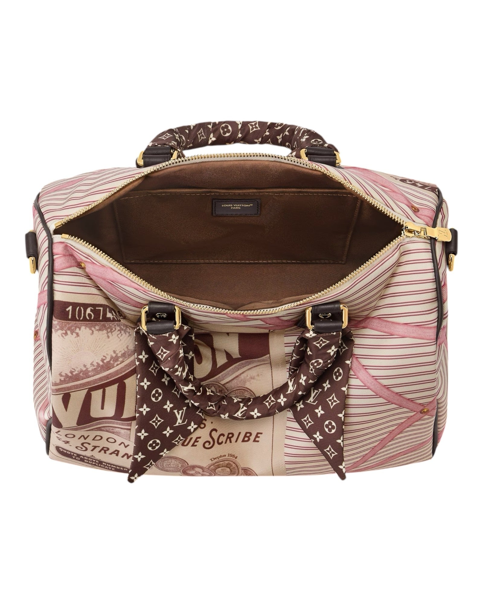 MOAH shoes Louis Vuitton Speedy Bandouliere handbag with pink and brown graphic print and monogram scarf handle