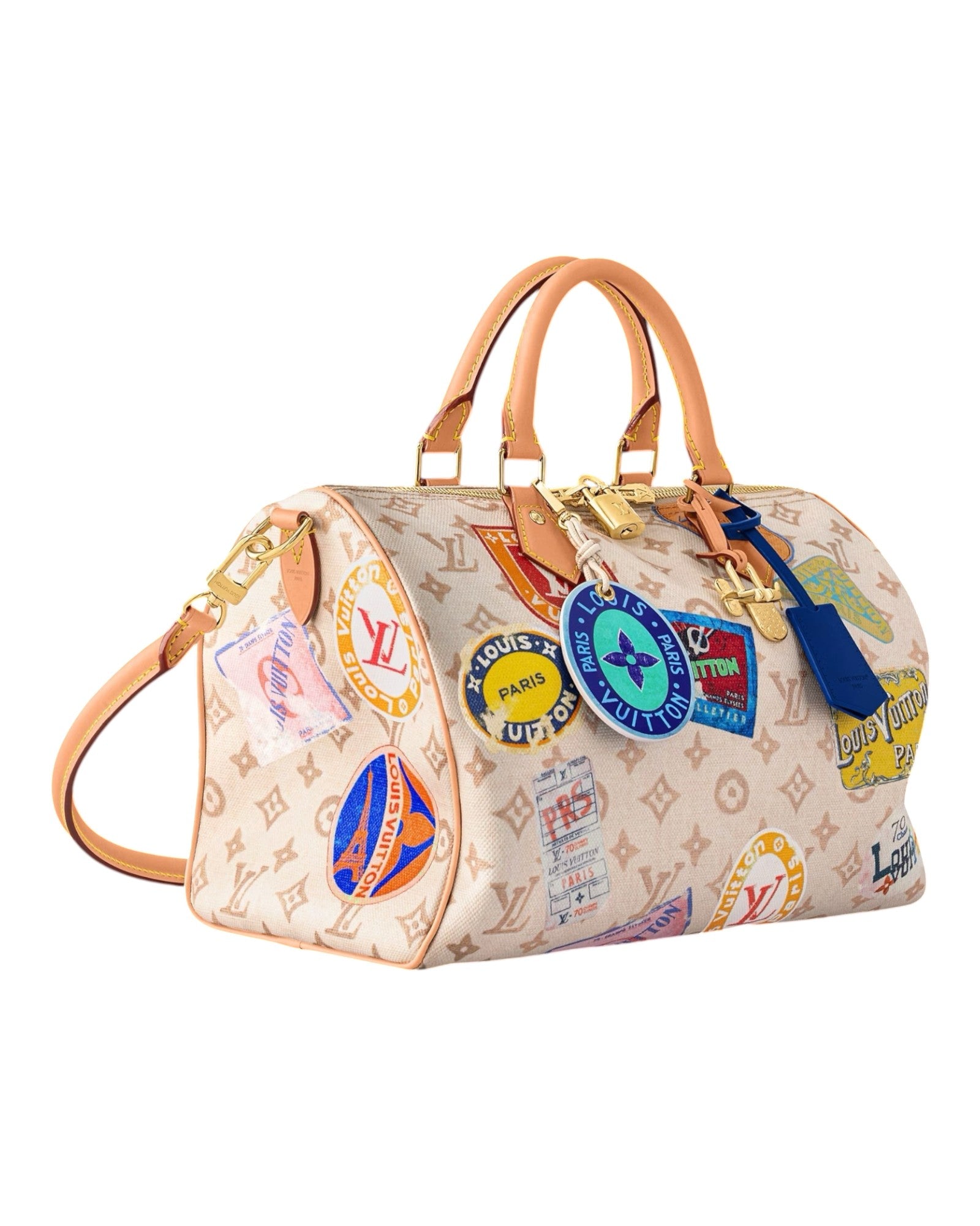 MOAH shoes Louis Vuitton Speedy Bandouliere handbag in monogram canvas with colourful travel patches and leather trim.