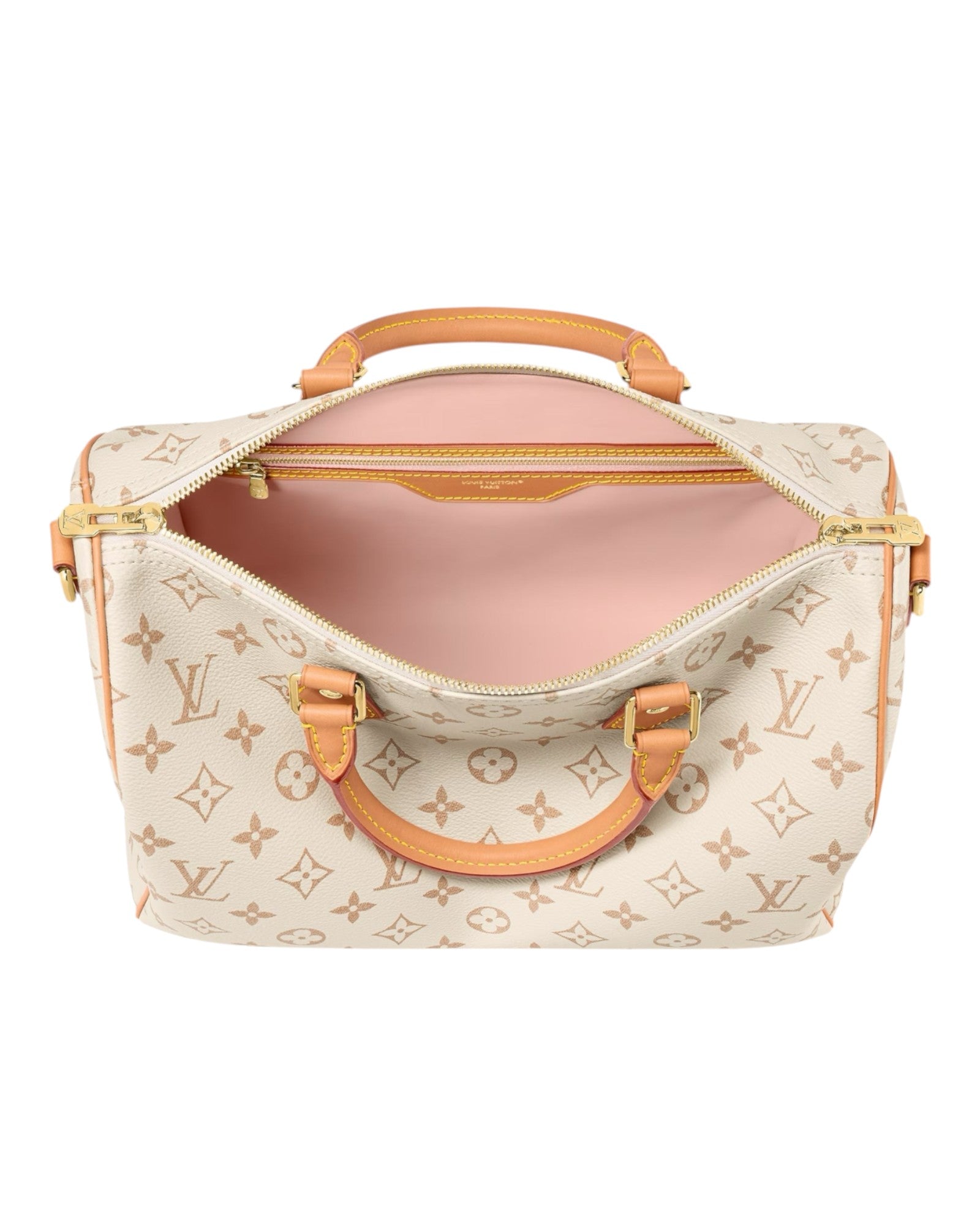 MOAH shoes Louis Vuitton Speedy Bandouliere handbag in monogram canvas with tan leather trim and pastel pink interior