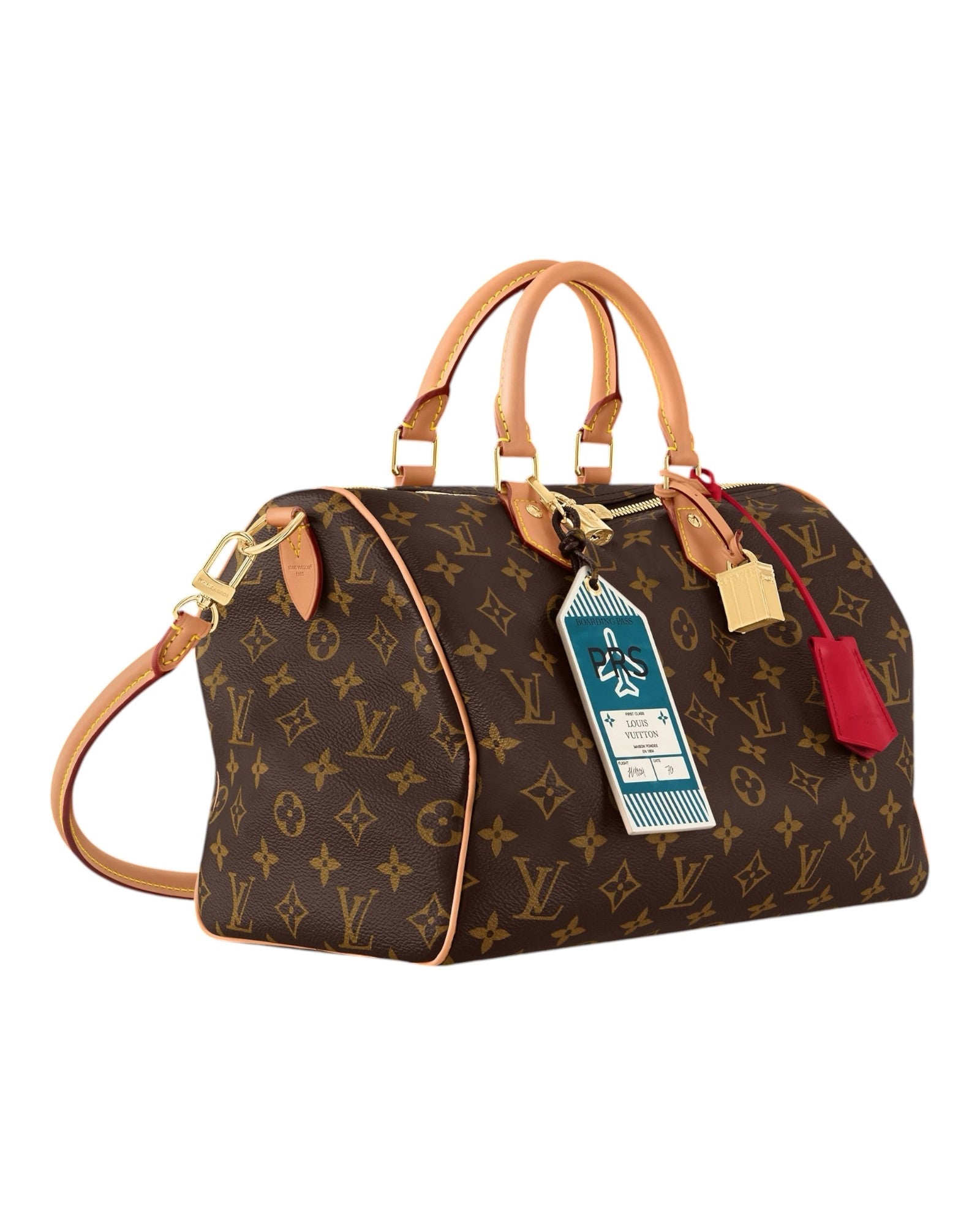 MOAH shoes Louis Vuitton Speedy Bandouliere handbag in brown monogram canvas with leather trim and travel luggage tag.