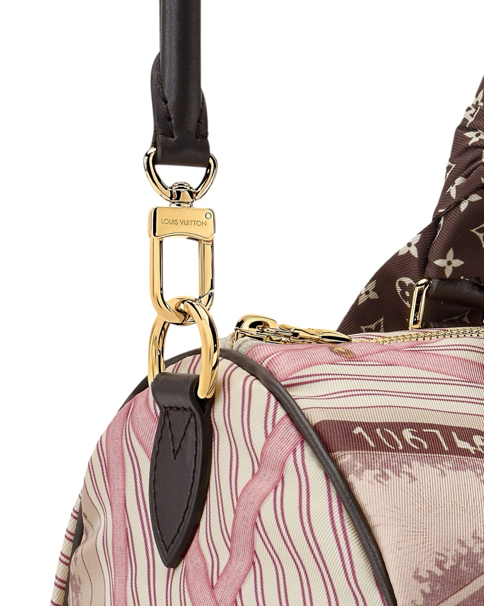 MOAH shoes Louis Vuitton Speedy handbag featuring pink and brown graphic print with gold-tone hardware and monogram scarf