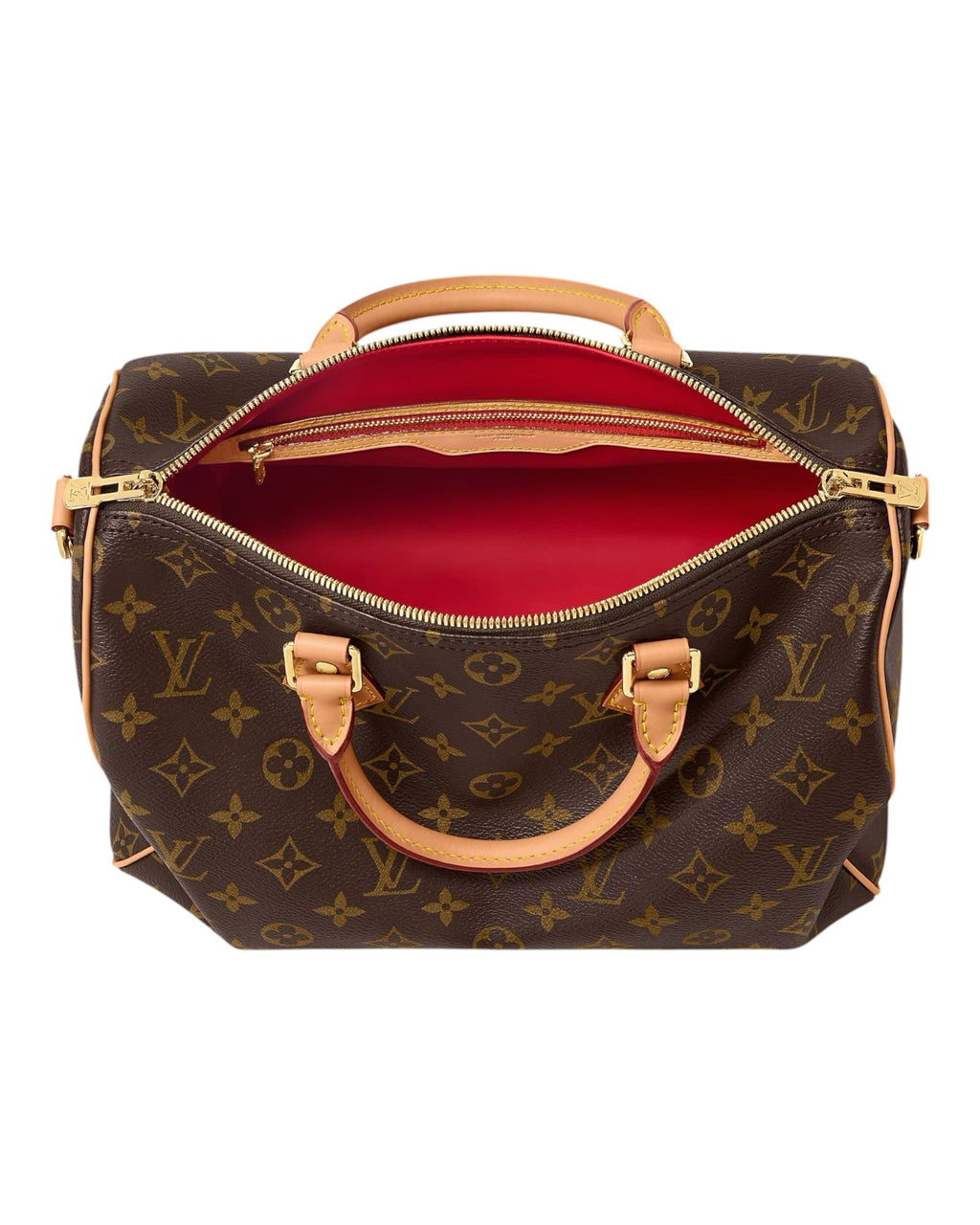 MOAH shoes Louis Vuitton Speedy Bandouliere handbag in brown monogram canvas with a vibrant red interior lining