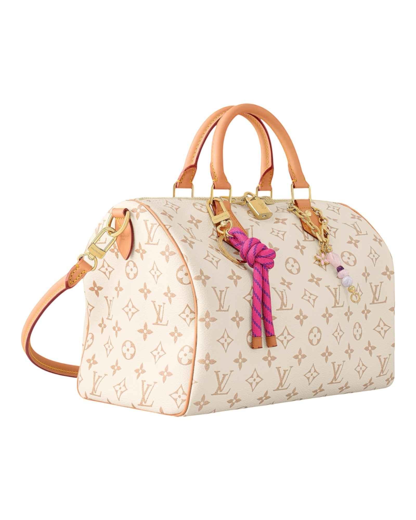 MOAH shoes Louis Vuitton Speedy Bandouliere handbag in monogram coated canvas with tan leather trim and colourful charms
