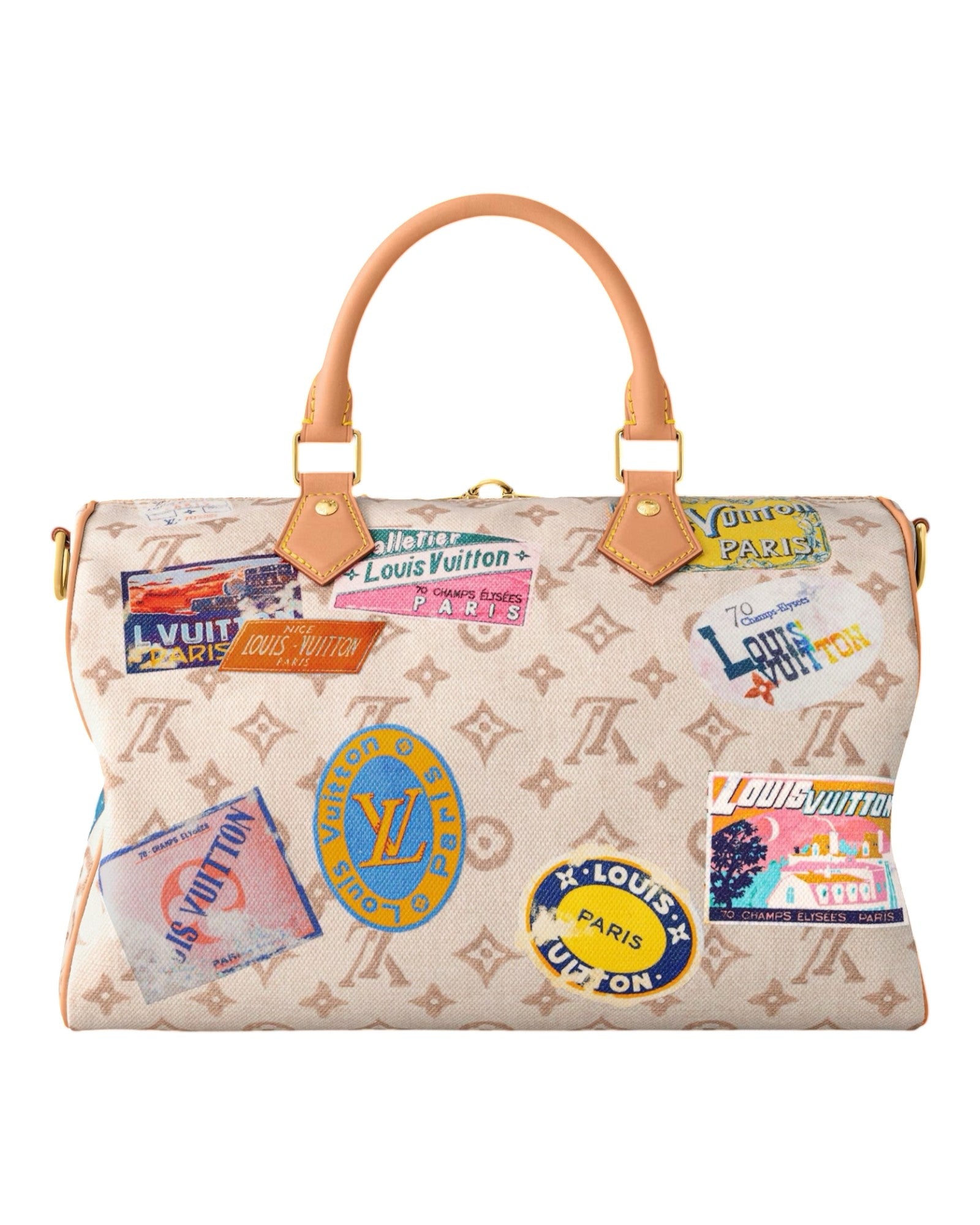 MOAH shoes Louis Vuitton Speedy Bandouliere handbag in monogram canvas with colourful travel-inspired patches