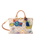 MOAH shoes Louis Vuitton Speedy Bandouliere handbag in Monogram canvas with colourful travel patches and leather trim.