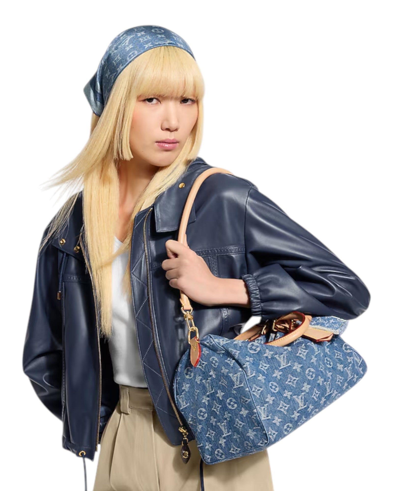 MOAH model wearing a blue denim Monogram Speedy Soft 30 bag with leather trim and matching headscarf